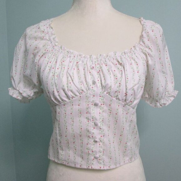 70/21 Tops - 70°F/21Stripe Floral Square Neck Cottage Blouse Puff Sleeves-White/Multi-Med NWT